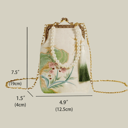 Orchid Whisper Embroidered Mini Crossbody Bag with Pearl Handle