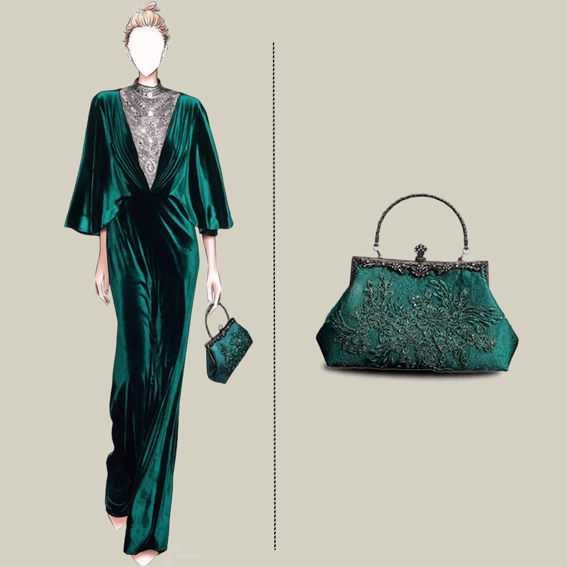 Emerald Embroidery Luxury Elengant  Handbags With Vintage Metal Handle