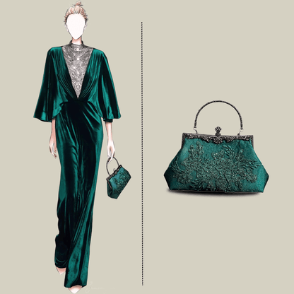 Emerald Embroidery Luxury Elengant  Handbags With Vintage Metal Handle