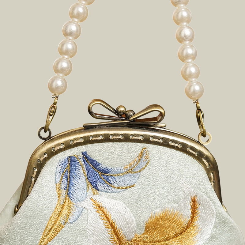 Pearl Chain Lily Embroidered Mini Purse with Bow Metal Kiss-Lock