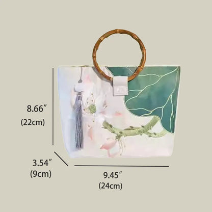 Large capacity Lotus Bloom Embroidered Tote Bag with Bamboo Handle