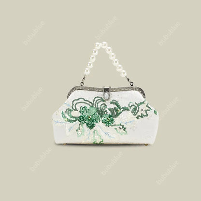 Emerald Green Floral Embroidered Clutch Bag With Pearl Handle