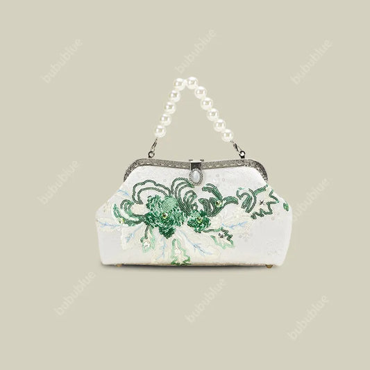 Emerald Green Floral Embroidered Clutch Bag With Pearl Handle
