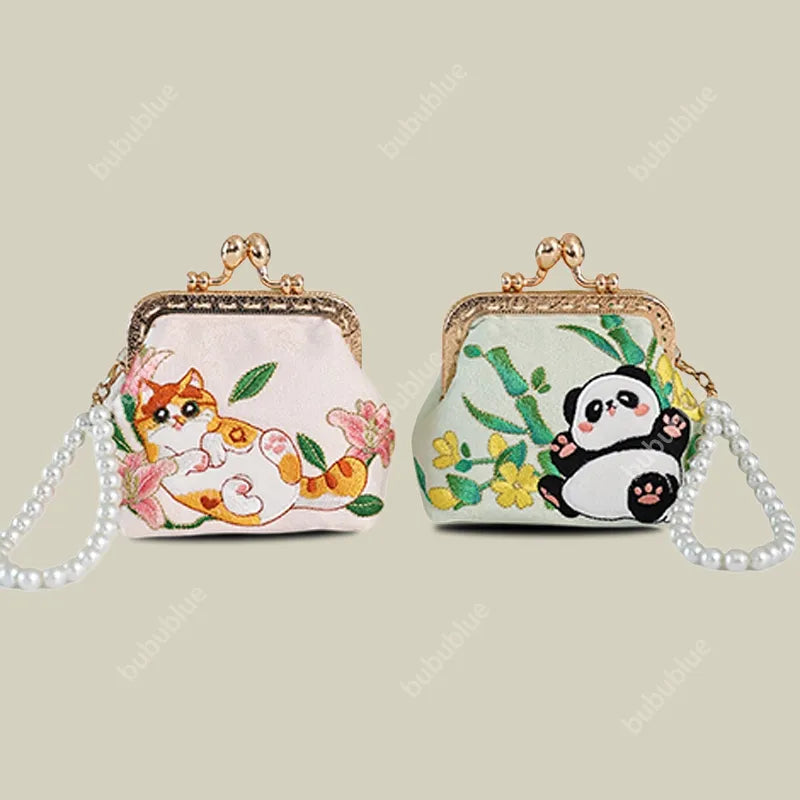 Cat Panda Embroidered Mini Coin Purse with Kiss Lock