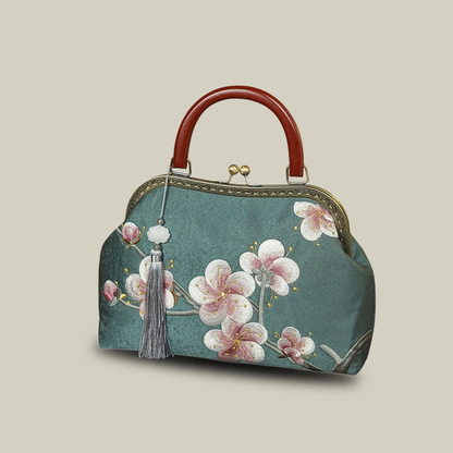 Plum Blossom Embroidered Kiss-Lock Handbag with Acrylic Handle