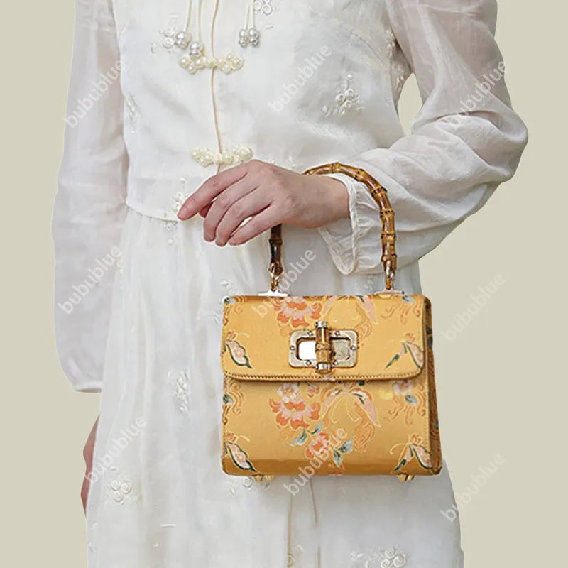 Gold Brocade Square Clutch Box with Bamboo Handle