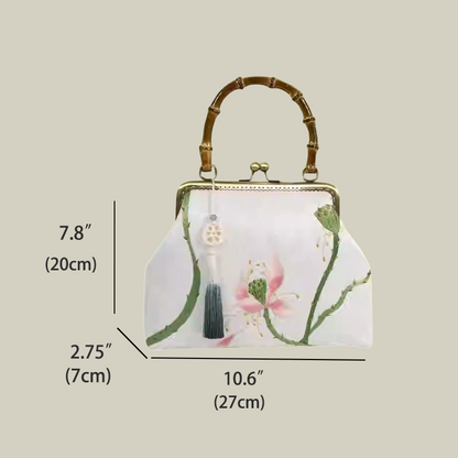 White Lotus Embroidered Handbag with Vintage Kiss Lock