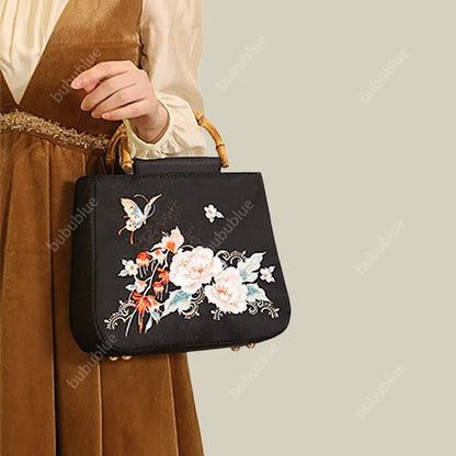 Butterfly Embroidered Floral Bamboo Black Tote Bag with Handle Bag