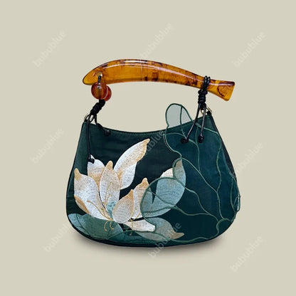 Lotus Embroidered Handbag with Fish Shape Handle