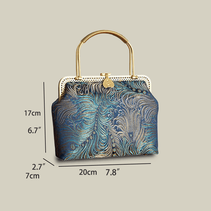 Peacock Blue Brocade Texture & Metal Handle Handbag
