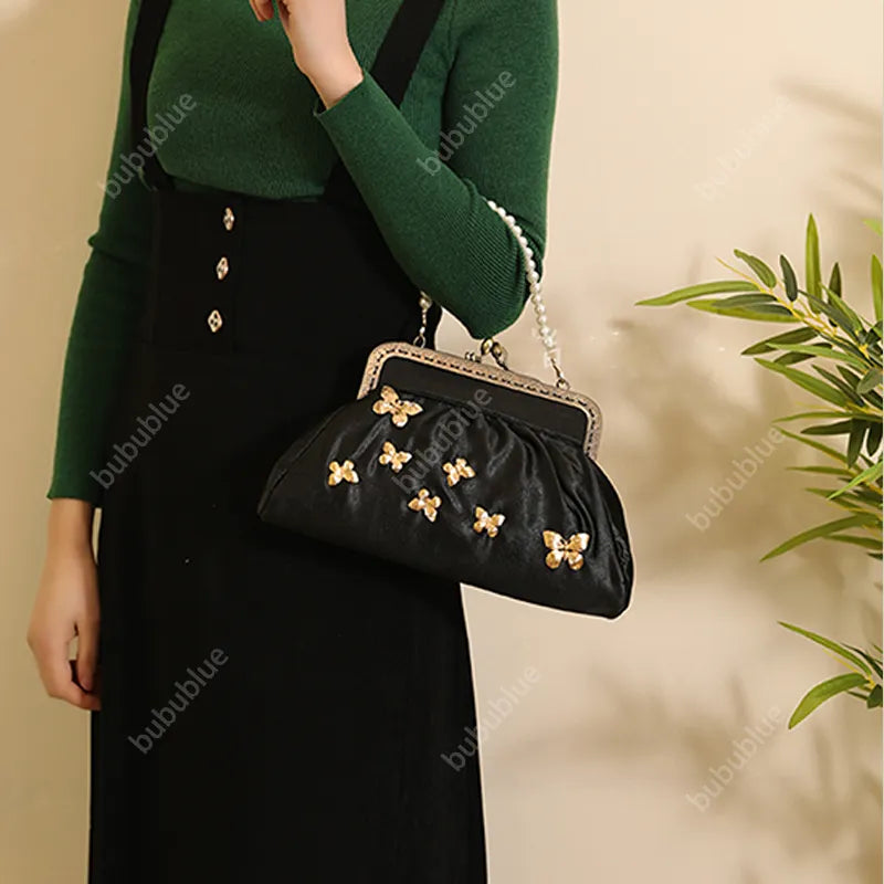 Vintage French Light Luxury Butterfly Embroidery Kiss Lock Black Evening Clutch