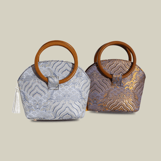 Brocade Shell Handbag with Wooden Ring Handle