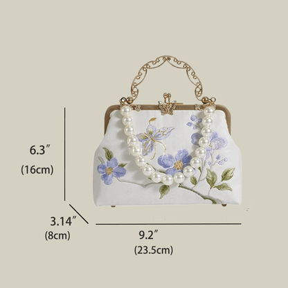 Butterfly Embroidered White Handbag with Metal Kiss-Lock