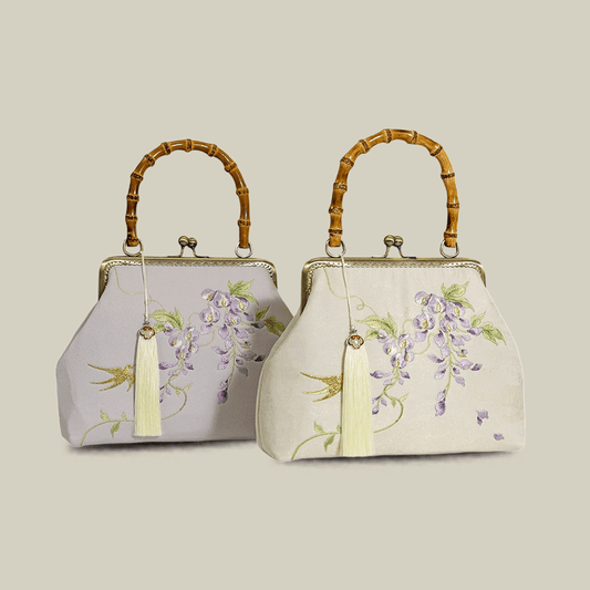 Swallow Embroidered Bamboo Handle Bag with Kiss-Lock