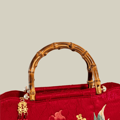 Red Peony Bloom Embroidered Tote Bag with Bamboo Handle