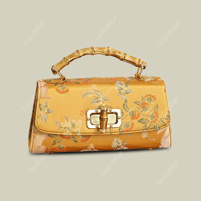 Vintage Gold Brocade Boston Evening Purse with Bamboo Handle