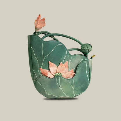 Green Lotus Embroidered Shoulder Bag