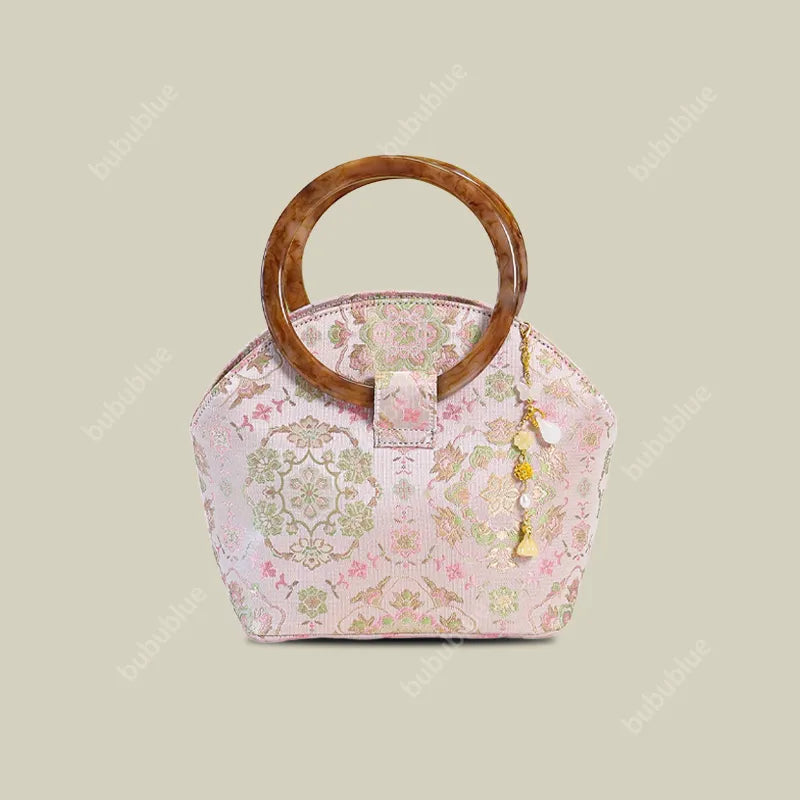 Round Wood Handle Shell Pink Brocade Bag Shaped Purse with Tasse