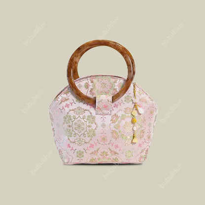 Round Wood Handle Shell Pink Brocade Bag Shaped Purse with Tasse