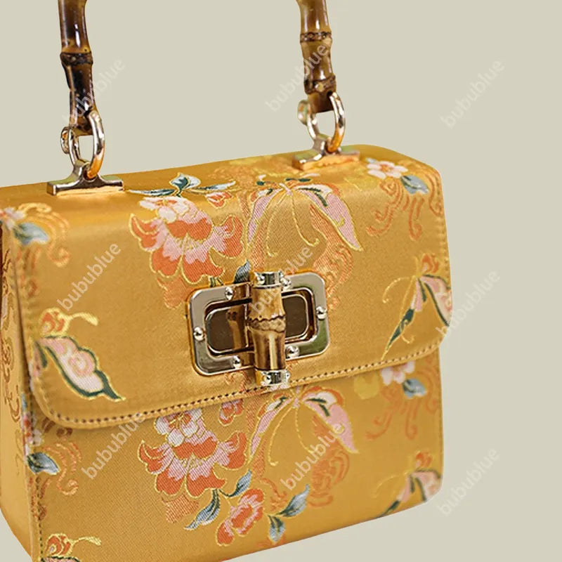Gold Brocade Square Clutch Box with Bamboo Handle