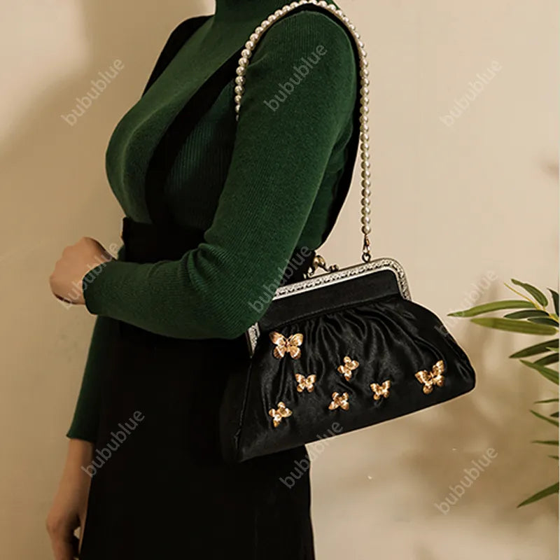 Vintage French Light Luxury Butterfly Embroidery Kiss Lock Black Evening Clutch