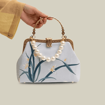 Orchid Embroidered Pearl Handle Handbag with Metal Lock