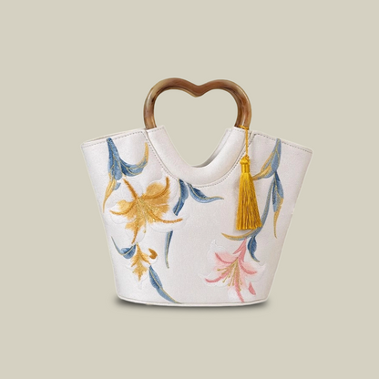 Lily Embroidered Tote Bag with Heart Handle