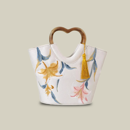 Lily Embroidered Tote Bag with Heart Handle