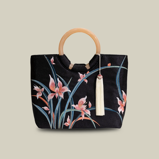 Large Capacity Orchid Bloom Embroidered Tote Bag with Acrylic Handle