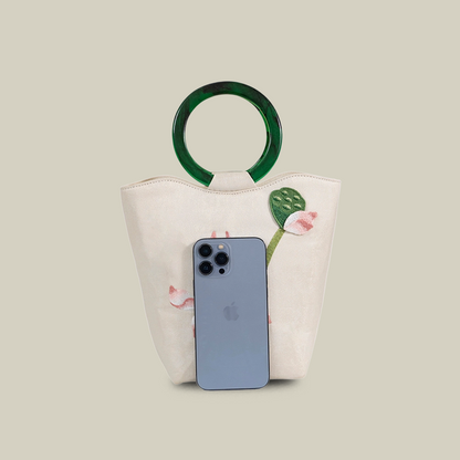 White Lotus Embroidered Tote Bag with Green Acrylic Handle
