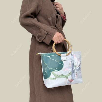 Large capacity Lotus Bloom Embroidered Tote Bag with Bamboo Handle