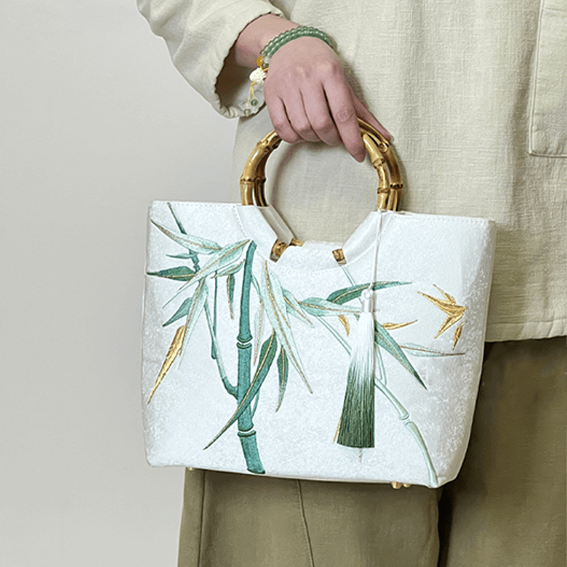 Bamboo Embroidered White Tote Bag with Bamboo Handle