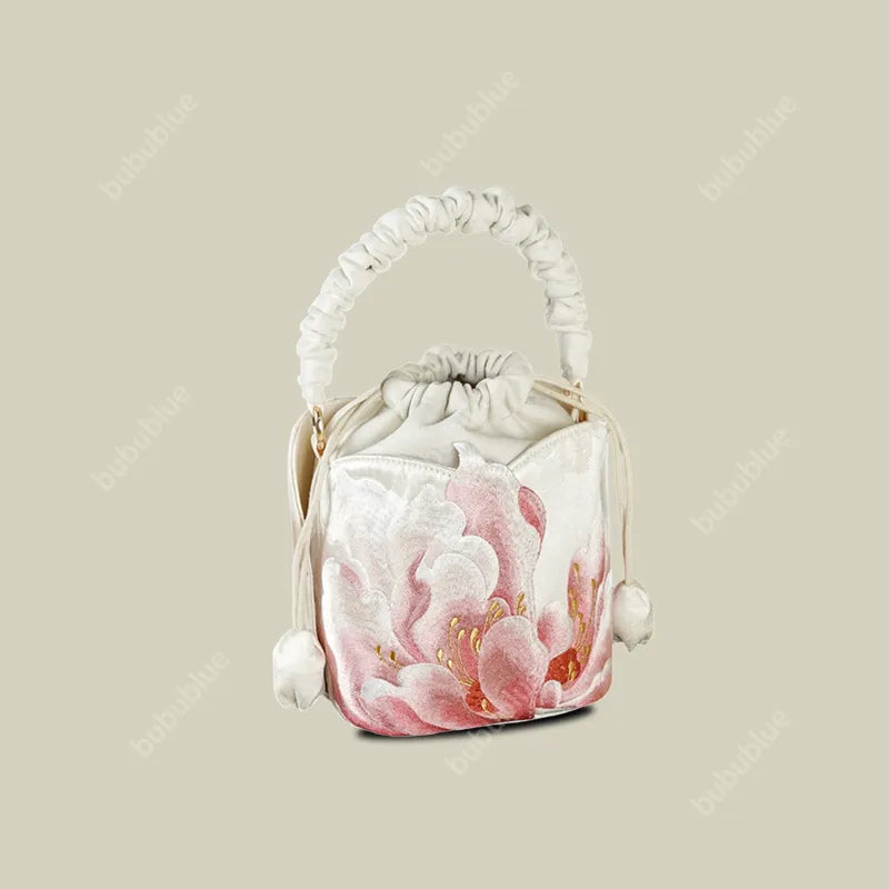 Peony Embroidered Vintage Bucket Bag with Drawstring Closure