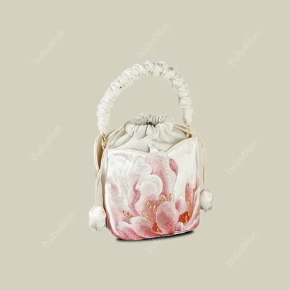 Peony Embroidered Vintage Bucket Bag with Drawstring Closure