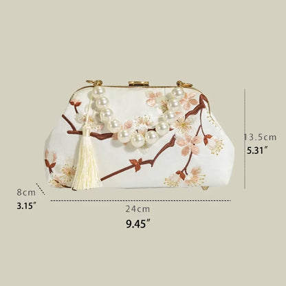 Plum Bossom Embroidered Beige White Vintage Handbag with Pearl Handle