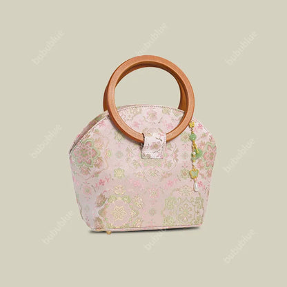 Round Wood Handle Shell Pink Brocade Bag Shaped Purse with Tasse
