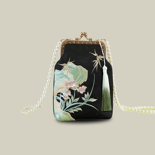 Orchid Whisper Embroidered Mini Crossbody Bag with Pearl Handle
