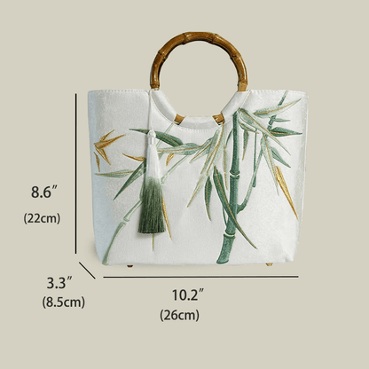 Bamboo Embroidered White Tote Bag with Bamboo Handle
