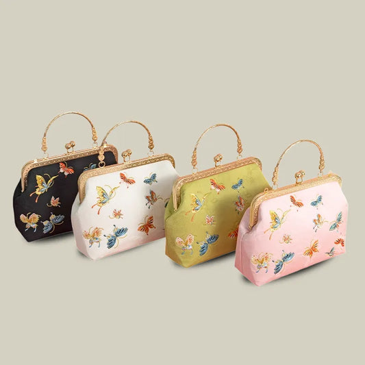 Butterfly Garden Embroidered Handbag with Vintage Metal Kiss-Lock