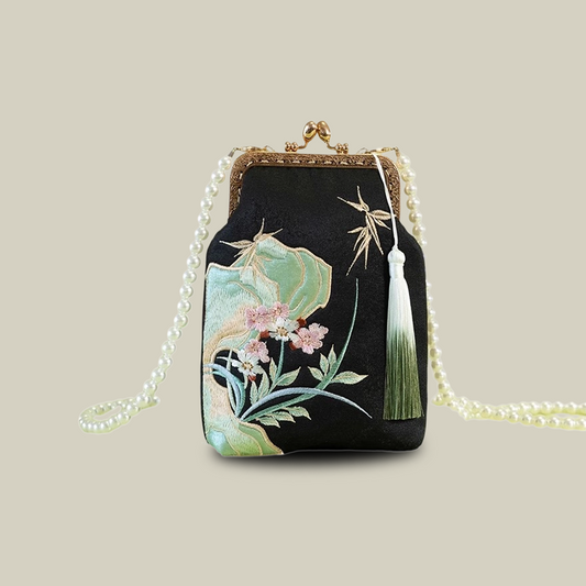 Orchid Whisper Embroidered Mini Crossbody Bag with Pearl Handle