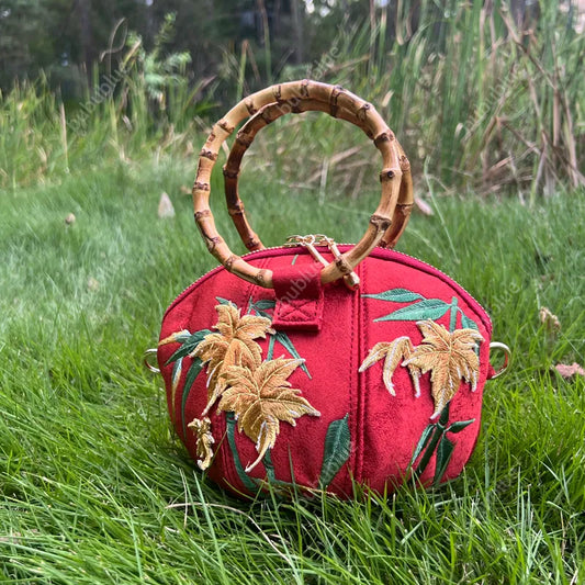 Maple Leaf Embroidered Pumpkin Handbag with Bamboo Handle