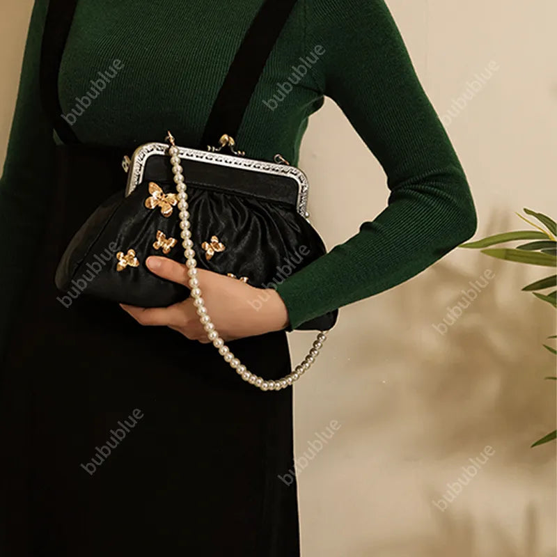 Vintage French Light Luxury Butterfly Embroidery Kiss Lock Black Evening Clutch