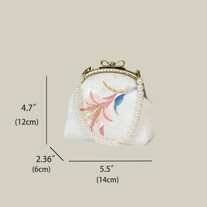 Pearl Chain Lily Embroidered Mini Purse with Bow Metal Kiss-Lock