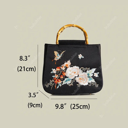 Butterfly Embroidered Floral Bamboo Black Tote Bag with Handle Bag