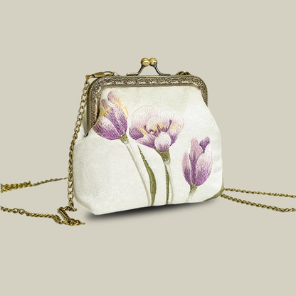 Mini Lotus Blossom Embroidered Coin Purse with Metal Kiss-Lock