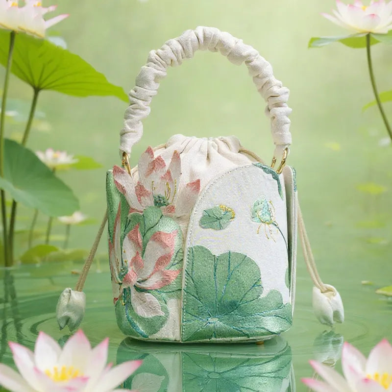 Lotus Embroidered Vintage Drawstring Green Bucket Bag with Soft Handle