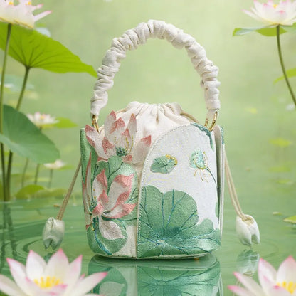 Lotus Embroidered Vintage Drawstring Green Bucket Bag with Soft Handle