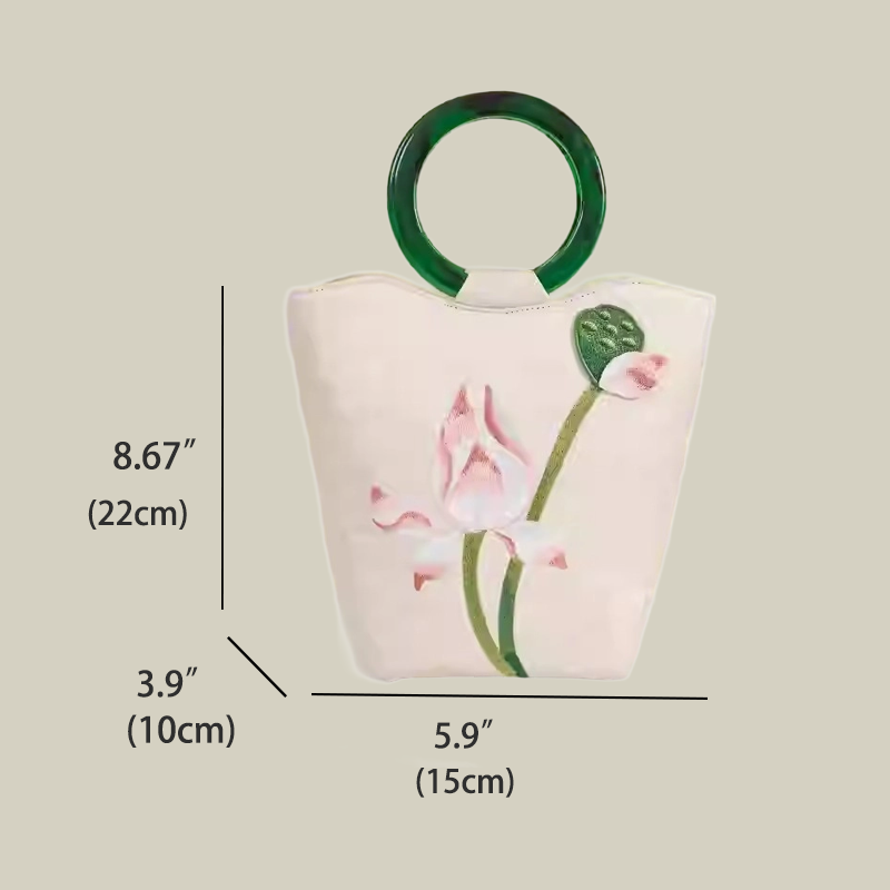 White Lotus Embroidered Tote Bag with Green Acrylic Handle