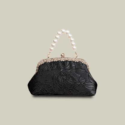 Floral Embroidered Pearl Handle Black Handbag