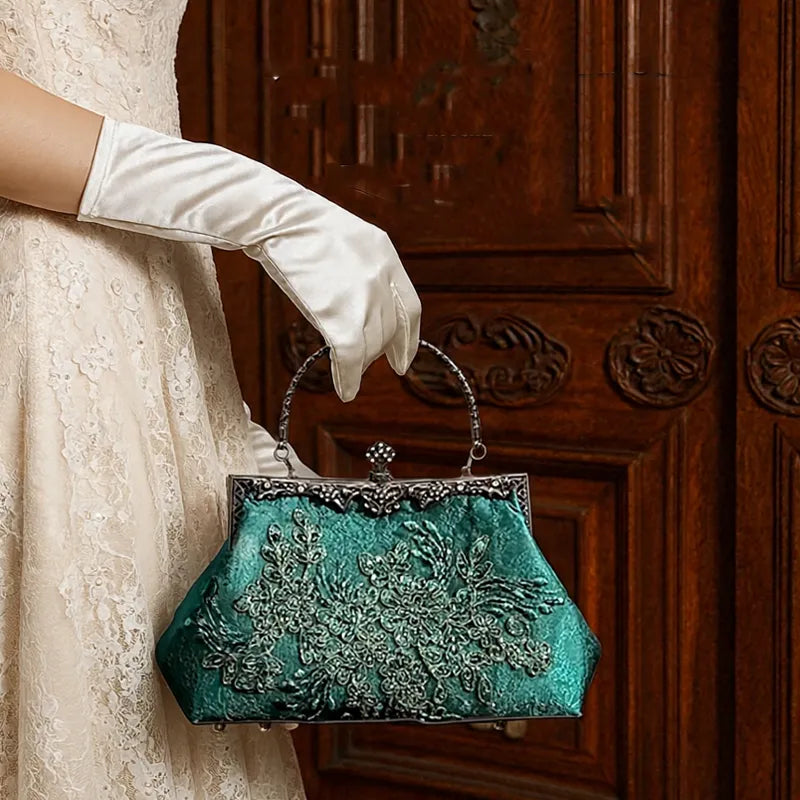 Emerald Embroidery Luxury Elengant  Handbags With Vintage Metal Handle